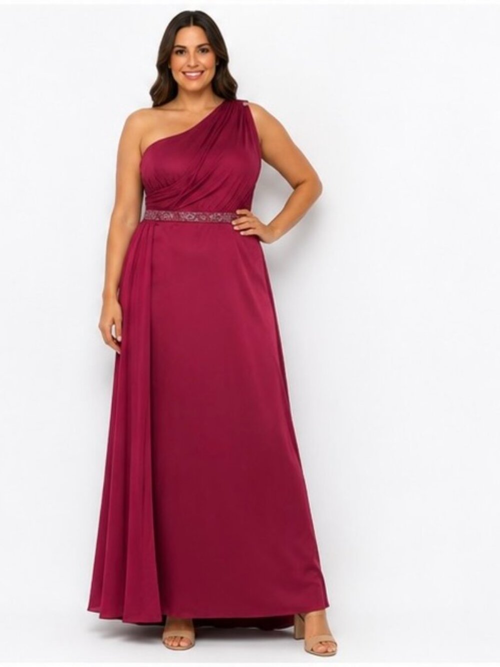 David’s Bridal Women’s 18 Burgundy Red One Shoulder Formal Gown Satin w shawl